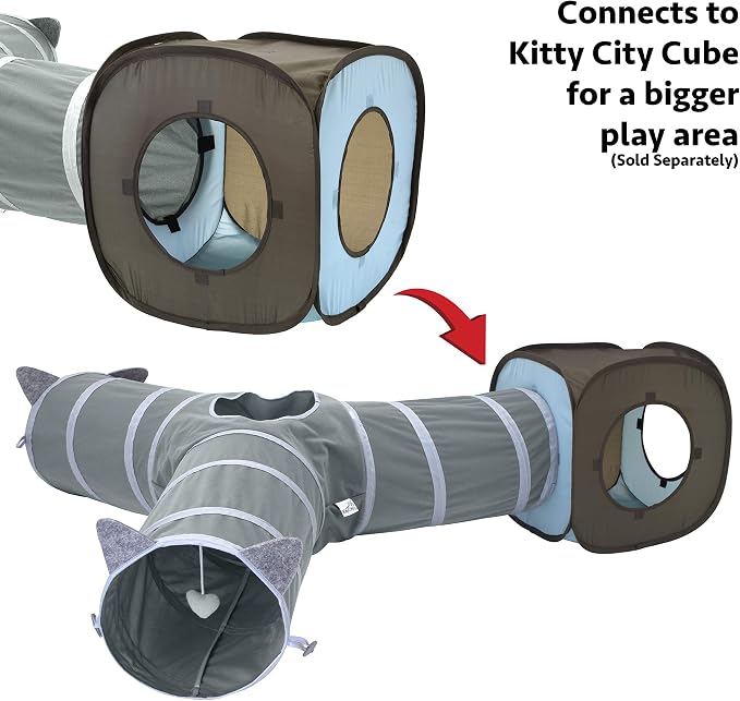Kitty City Pop-Up Rolling Cat Cube & Tunnel Toy, Collapsible Indoor Cat Play Cube with Peekaboo Openings & Hanging Tassel, Lightweight Foldable Cat Furniture - Blue/Brown