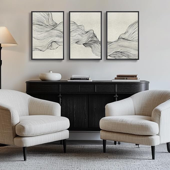 Framed Black and Beige Abstract Wall Art, 3 Piece Modern Canvas Prints Paintings Artwork for Walls, Minimalist Abstract Line Pictures for Living Room Dining Room Bedroom Office Wall Decor 16x24 In