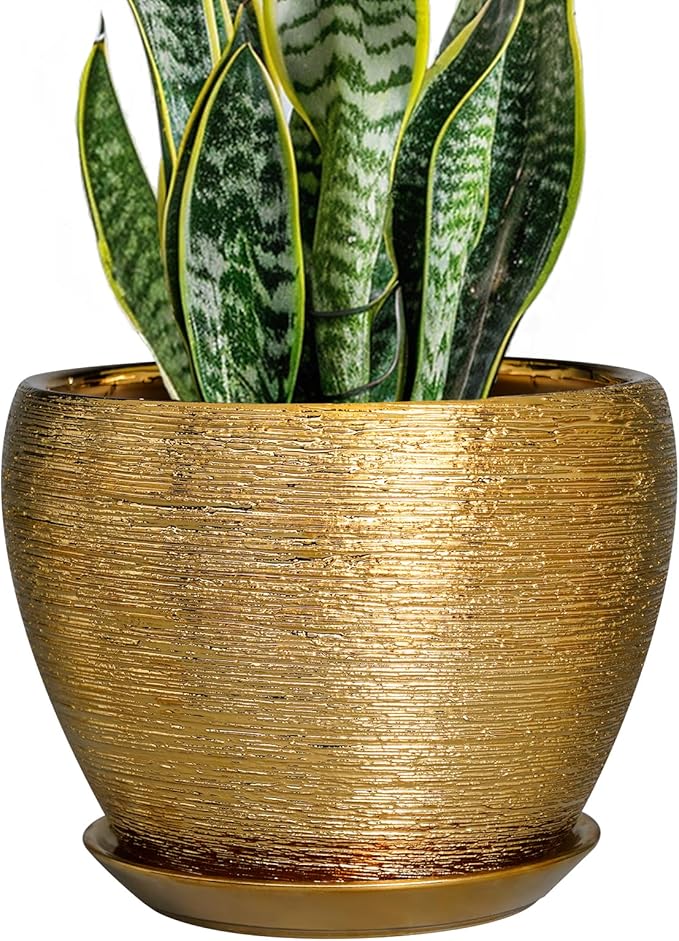 Ceramicfor Ceramic Plant Pot 8 Inch - Planter for Outdoor Plants Indoor Plant Pot with Drainage Hole and Saucer Decorative Round Planter Modern Flower Pot for House Decor Gold