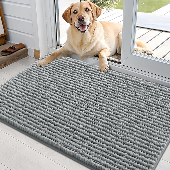 OLANLY Dog Door Mat for Muddy Paws 36x24, Extra Absorbent Chenille Mud Mat | Grey, Absorbs Moisture and Dirt, Non-Slip Machine Washable Doormat, Quick-Drying Indoor Entryway Floor Mat for Dogs