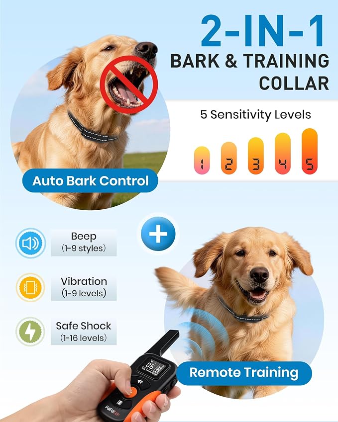 2-in-1 Dog Bark Collar with Remote - 3300FT Auto Anti-Bark, 5 Sensitivity & 9 Beeps, IP67 Waterproof Training Shock Collar for Medium Large Dogs 40-150 lbs - Stop Barking, Jumping & Digging