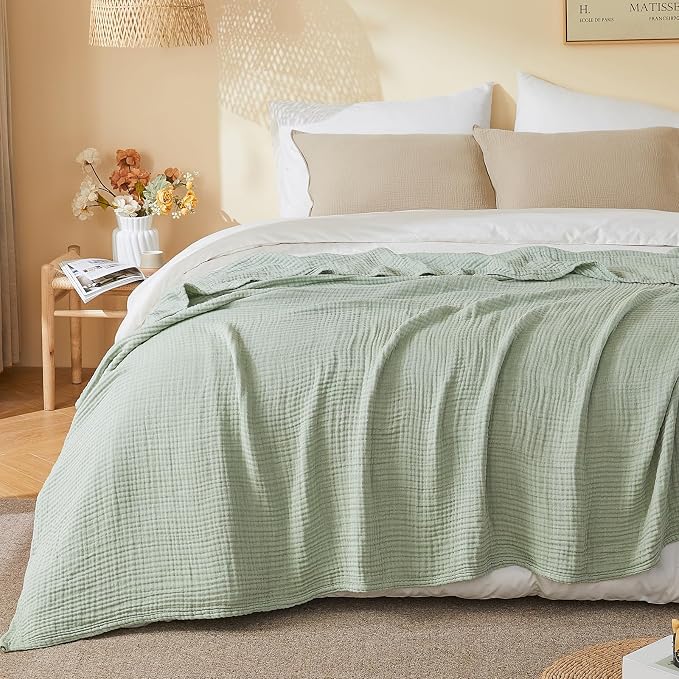 EMME Cotton Muslin King Blanket Bed Layering Bedspread Coverlet Breathable Gauze Soft Lightweight (Heather Sage Green, 108"x90")