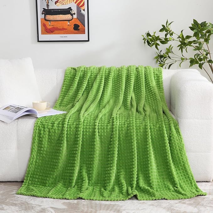 Puncuntex Fleece Throw Blanket Apple Green 50"×60" with Square Grid Design | Super Soft Plush Cozy Flannel Throw Blanket Luxury for Couch Sofa Chair