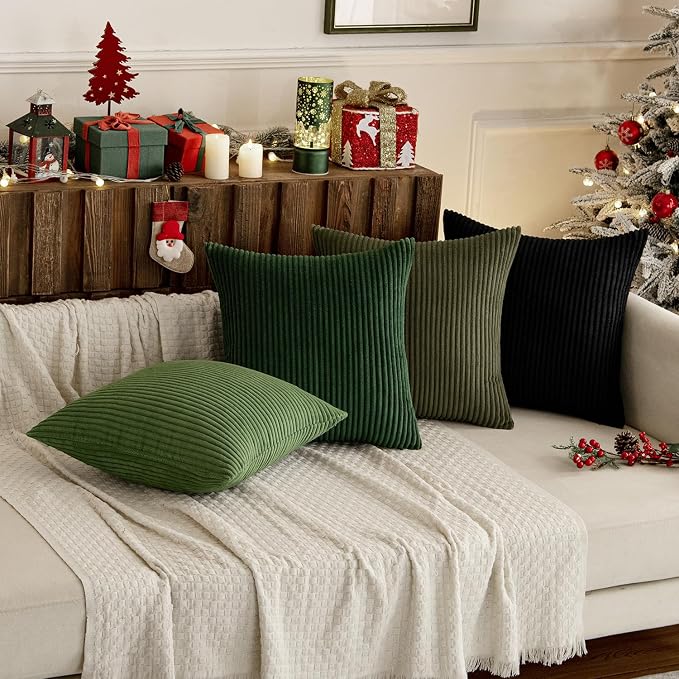 MIULEE Soft Corduroy Decorative Throw Pillow Covers Neutral Green 18x18 | Set of 4, Mordern Nordic Decor, Forest Bath Green Collection, Boho Farmhouse Cushion Covers for Couch Bed Sofa Living Room