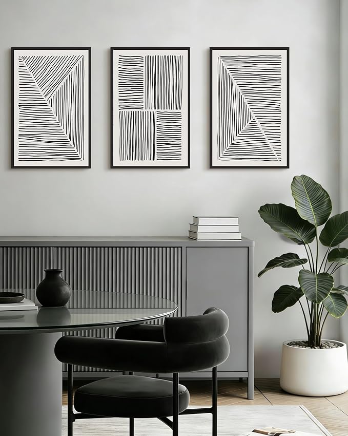 Drsoum Mid-Century Modern Framed Wall Art Large 16x24in Minimalist Abstract Boho Black Line Wall Decor Geometric Artwork Kitchen Dining Room Black Framed