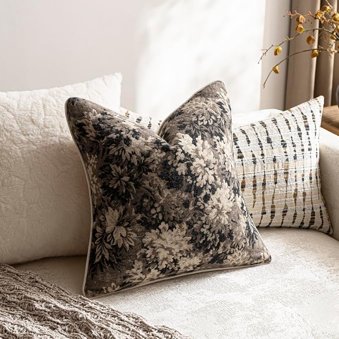 Pack of 2 Vintage Floral Throw Pillow Covers 20x20 Boho Farmhouse Accents Chenille Square Decorative Pillow Cases for Living Room Couch Bed Home Decor, Taupe