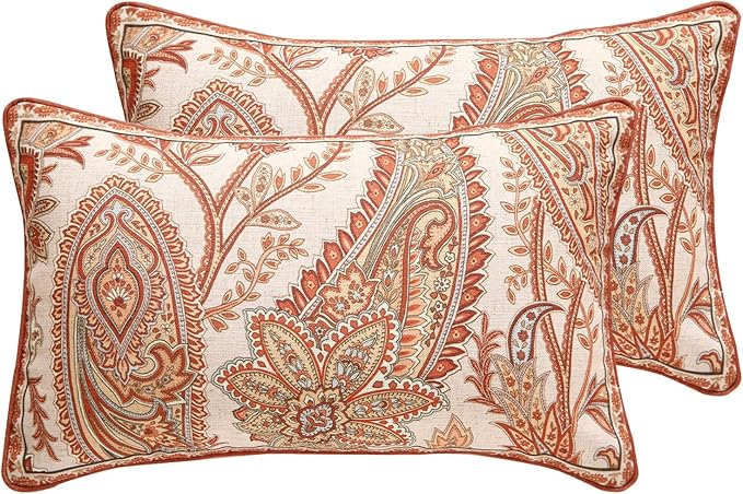 Vintage Linen Throw Pillow Cover,Set of 2,20"x12"-Chauffrey A | Designer Elegant Rectangle Pillow Cover,Concealed Zipper Design,Cashew Pattern,Sofa,Bedroom,Living Room,Lounge Chairs