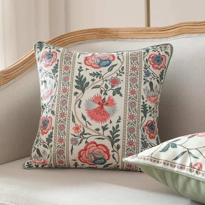 Designer Linen Throw Pillow Cover,Set of 2,18"x18"-Daffy B | Vintage French Elegant Square Pillow Cover,Concealed Zipper Design,Floral Pattern,Sofa,Bedroom,Living Room,Lounge Chairs