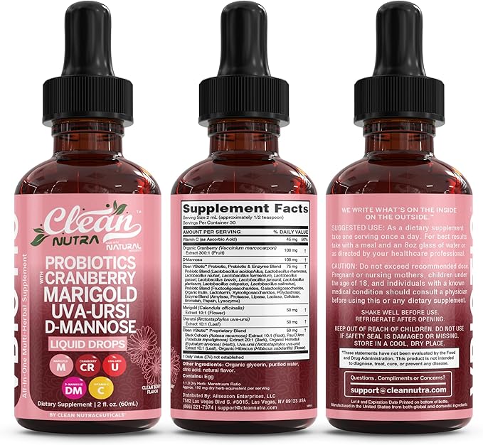 VBiotic Vaginal Probiotic for Women Liquid Drops | Womens Probiotics | Cranberry Uva Ursi Horsetail D-Mannose Prebiotics Marigold & Black Cohosh Vaginal Health Supplement | pH Balance | By Clean Nutra
