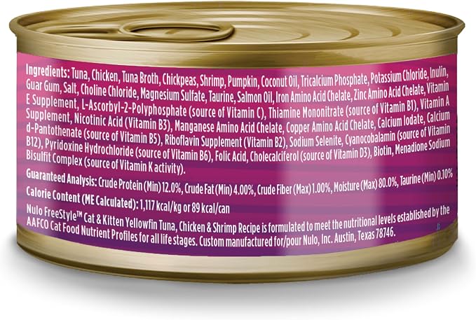 Nulo Freestyle Wet Cat Food, Pate, Yellowfin Tuna & Shrimp, 2.8 oz x 12