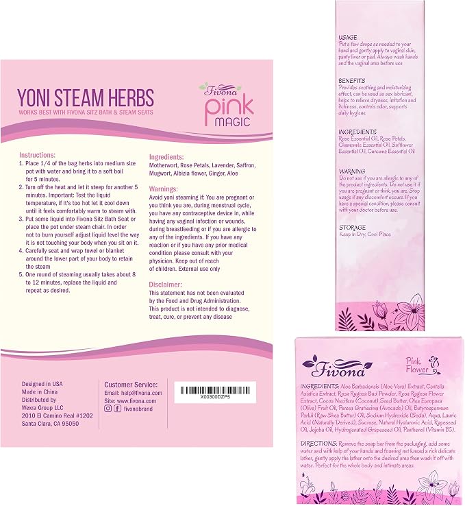 Fivona 6-in-1 Yoni Steam Kit for Women, Steaming Herbs Pink Magic, Expandable V Steam Seat, Yoni Oil, Gentle Soap, Hand Pump, Storage Bag - Cleansing, Moisturizing, pH Balance, Natural Yoni Detox