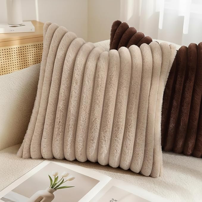 decorUhome Fall Faux Fur Throw Pillow Covers 12x20 Set of 2 Dark Brown | Decorative Soft Cozy Striped Plush Modern Farmhouse Boho Couch Pillow Cases Velvet Back for Sofa Bed Living Room Home Decor