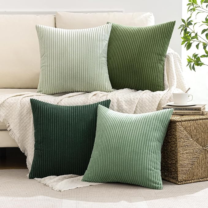 MIULEE Soft Corduroy Decorative Throw Pillow Covers Forest Green 24x24 | Set of 4, Mordern Nordic Home Decor, Gradient Color Matching, Boho Farmhouse Cushion Covers for Couch Bed Sofa Living Room