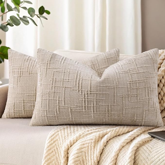 decorUhome Textured Chenille Throw Pillow Covers 12x20 Set of 2 Ivory | Fall Modern Farmhouse Soft Cozy Slubby Couch Pillow Cases Boho Decorative Pillow Cases for Bed Sofa Living Room Home Decor