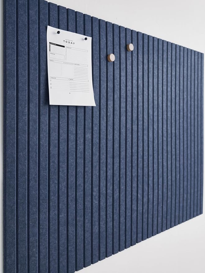 Felt Bulletin Board Tiles 48"x36" - 12-Pack Cork Board Alternative, OEKO-TEX Certified, NRC 0.95 Acoustic Felt Wall Panels, Damage-Free Adhesive, Slatted Design Home Office, Classroom (Indigo)