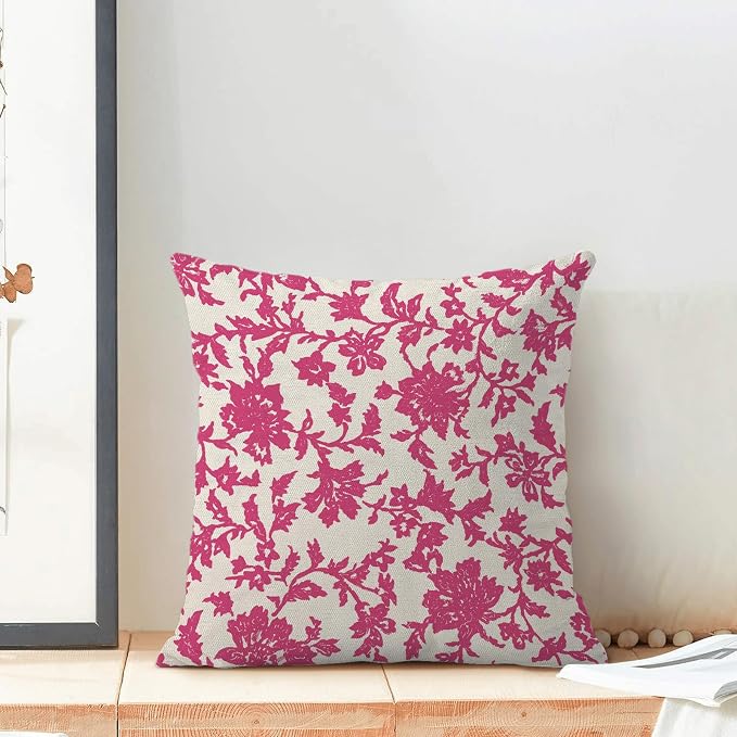 Floral Pillow Covers 18x18 Inch Set of 2 Block Print Hot Pink Flower Throw Pillow Covers Outdoor Decor Boho Vintage Flower Decoration Pillowcase Farmhouse Decorative Cushion Cover For Sofa Couch