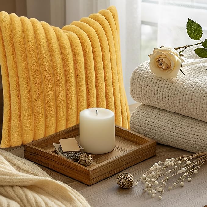 decorUhome Fall Faux Fur Throw Pillow Covers 16x16 Set of 2 Mustard Yellow | Decorative Soft Cozy Striped Plush Modern Farmhouse Boho Couch Pillow Cases Velvet Back for Sofa Bed Living Room Home Decor