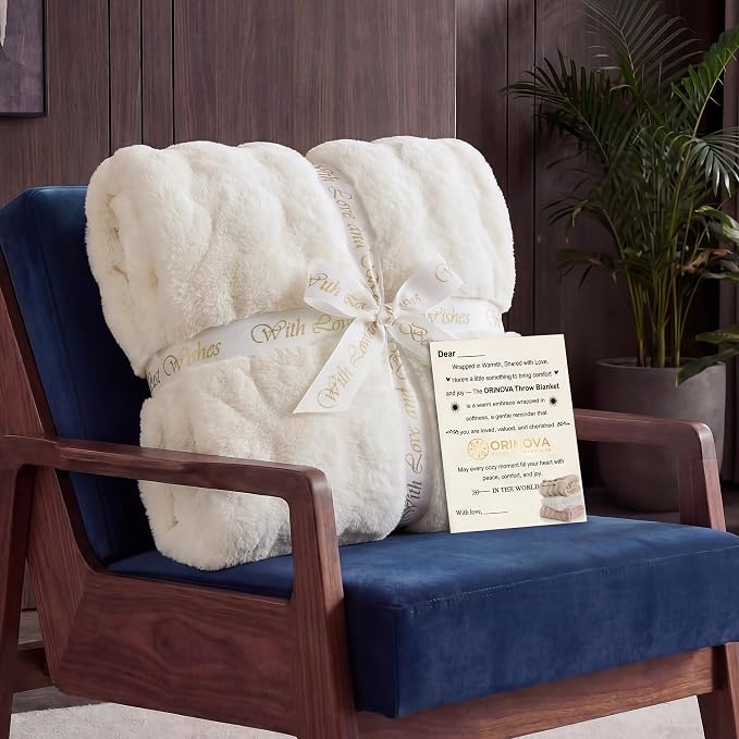 ORINOVA Light Beige Faux Fuzzy Fur Blanket Queen Size 90x90 Ultra Soft Thick Fluffy Blanket Queen for Bed Couch Cozy Furry Home Decor 1000 GSM