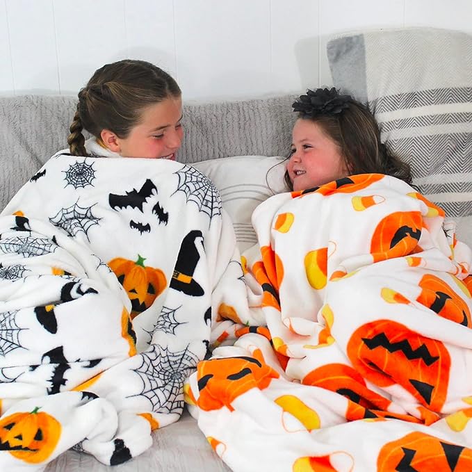 Halloween Fleece Throw Blanket, Jack-O'-Lanterns with Candy Corn, 50x70 in | Ultra-soft cozy flannel fleece, for sofa couch bed chair & dorms, spooky Halloween décor, durable and machine washable.