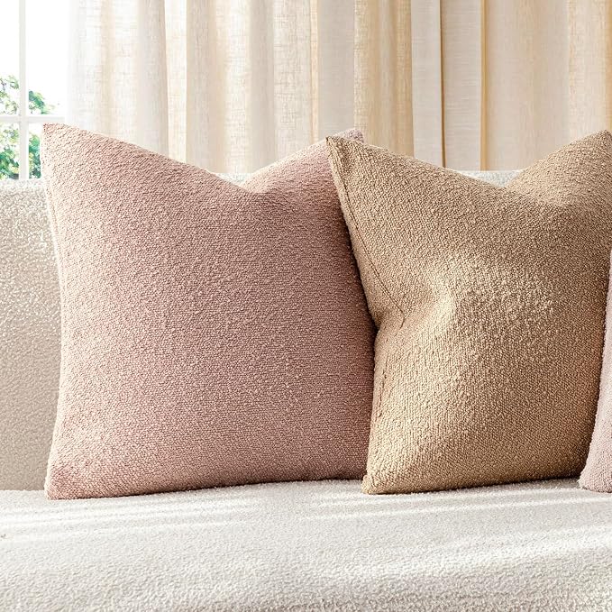 Foindtower Set of 2, Decorative Textured Boucle Throw Pillow Covers Accent Solid Pillow Cases Neutral Soft Cozy Couch Cushion Case for Chair Sofa Bedroom Living Room Home Decor 20 x 20 Inch Light Pink
