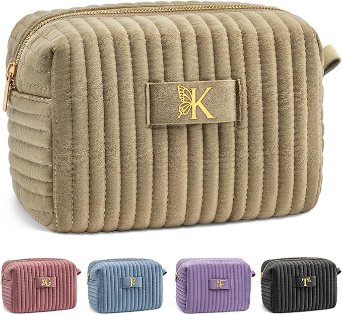COSHAYSOO Best Friend Christmas Birthday Gifts for Women Mom Sister Teacher Bridesmaid Nurse, Personalized Initial Makeup Bags Travel Velvet Cosmetic Bag Woman Gift Ideas Taupe Beige Letter K