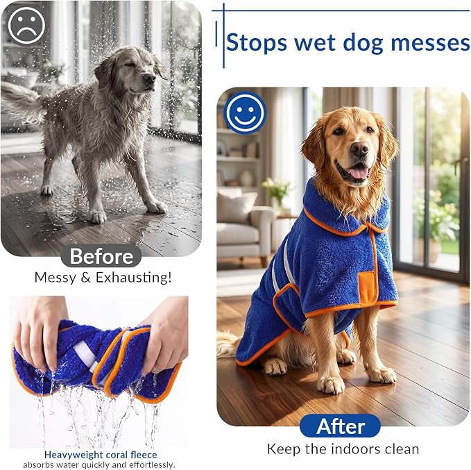 Dog Bathrobe, Super Absorbent for Small to Large Dogs, Dark Blue XL | Dog Robes with Soft Fleece, Warm & Cozy, Adjustable Fit, and Quick Drying Coat for Baths Swimming and Grooming