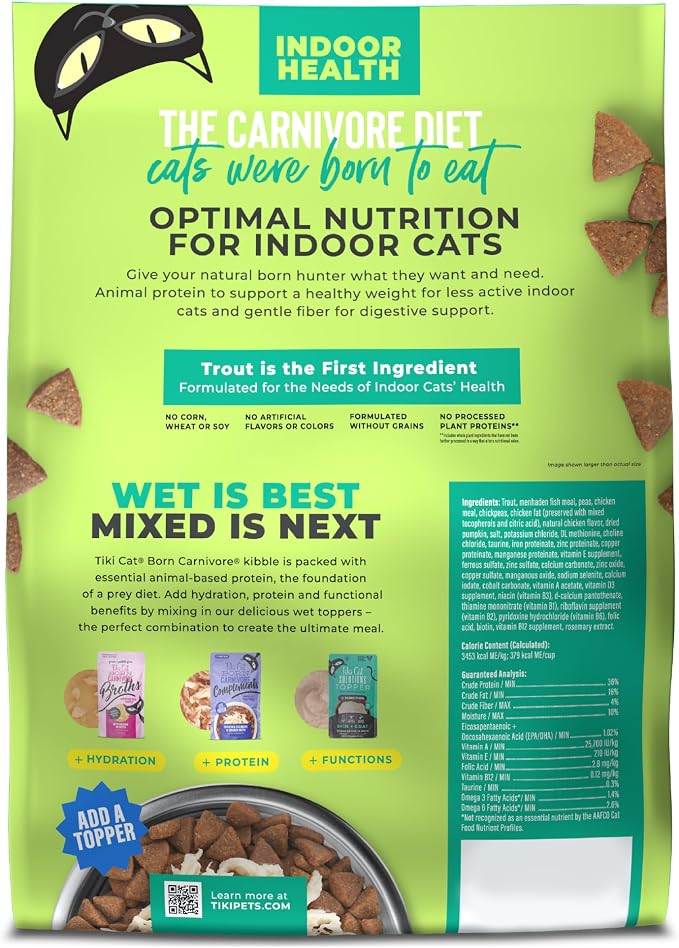 Tiki Cat Born Carnivore Dry Cat Food, Trout & Menhaden Fish Meal | Supports Healthy Weight and Immune System, Crunchy Kibble Texture, 66 Percent Animal Ingredients, Grain Free Recipe