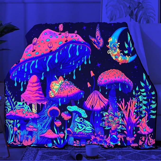 Blacklight Mushroom Throw Blankets Glow in the Dark Black Light Plant Throw Fantasy UV Reactive Mushroom Butterfly Moon Blanket Cute Throw for Bedroom Dorm Decor 59”x51”