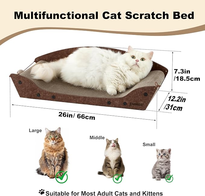 ZOMISIA 26'' Cardboard Cat Scratcher Bed - Large Scratcher Couch for Indoor Cats, Orthopedic Scratching Board, Lounger Scratching Couch with Bells