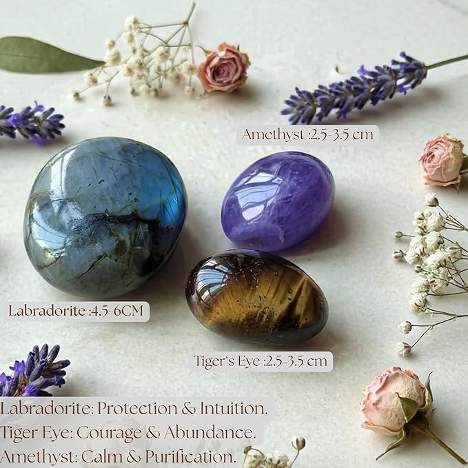 Protection & Anxiety Relief Crystal Set - Polished Palm Stones Labradorite, Tiger Eye & Amethyst, Worry Stones Trio for Meditation, Yoga, Travel Protection, Aura Cleansing & Chakra Balance