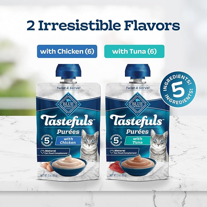 Blue Buffalo Tastefuls Purées Variety Pack, Natural Cat Food Complement, Resealable Twist Cap Pouches, Chicken and Tuna, 3-oz (Pack of 24), 12 of Each Flavor