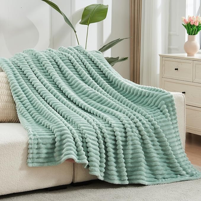 NEWCOSPLAY Fleece Ribbed Cozy Twin Blanket for Couch, Mint Green, 60"x80" | Premium Silky Flannel Blanket, Soft Lightweight Fluffy Throw Blanket for Bed Sofa Decor, Gift for All Season Use