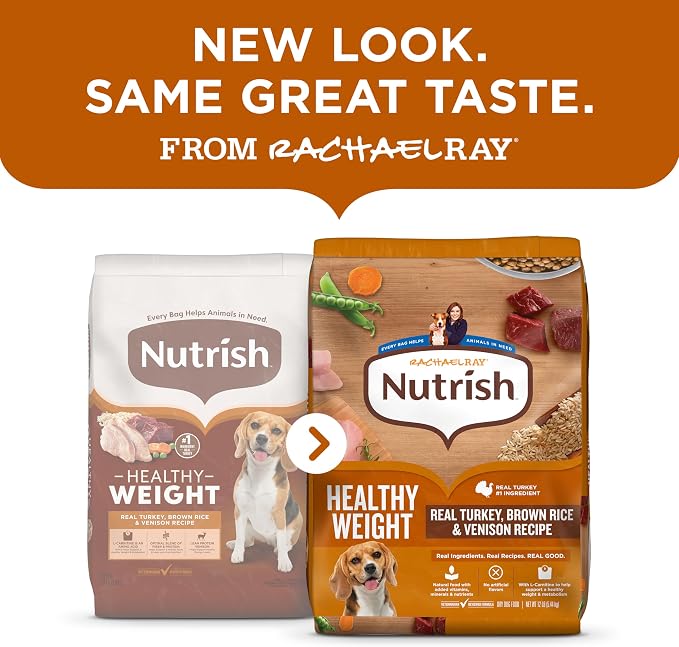 Nutrish Healthy Weight Dry Dog Food, 12 lb. Bag (Rachael Ray) | Turkey, Brown Rice & Venison Recipe, Made With L-Carnitine to Help Support a Healthy Metabolism, No Artificial Flavors