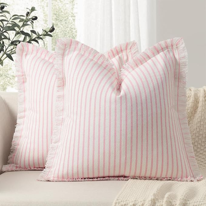 Throw Pillow Covers 20x20 Set of 2 Striped Pillow Covers with Fringe Chic Cotton Decorative Pillows Square Cushion Covers for Sofa Couch Bed Living Room Farmhouse Decor (Pink)