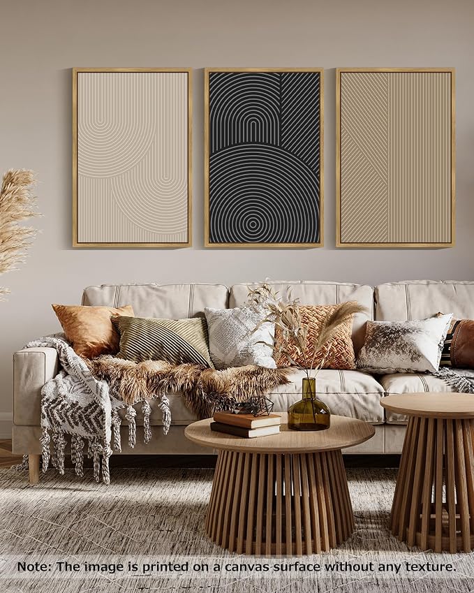 Drsoum Mid-Century Modern Framed Wall Art Large 24x36in Minimalist Abstract Boho Neutral Line Wall Decor Geometric Artwork Kitchen Dining Room Natural Framed
