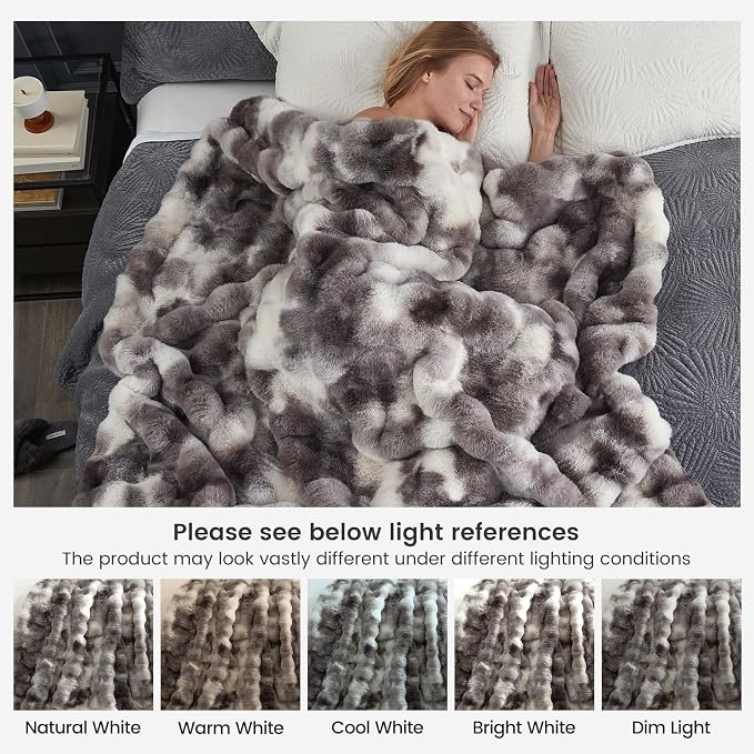 Cozy Bliss Faux Fur Throw Blanket for Bed King Size, Fuzzy Soft Plush Thick Bubble Blanket for Sofa Bedroom Living Room, 108 * 90 Inches Tie Dye Taupe