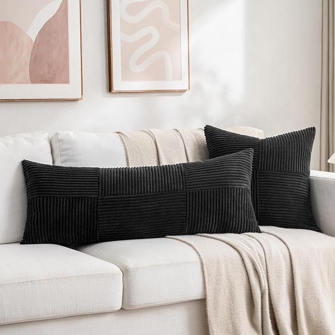 Fancy Homi Black Decorative Throw Pillow Covers 20x20 Inch for Living Room Couch Bed Sofa, Rustic Farmhouse Boho Home Decor, Soft Corss Corduroy Patchwork Accent Square Cushion Case 50x50 cm