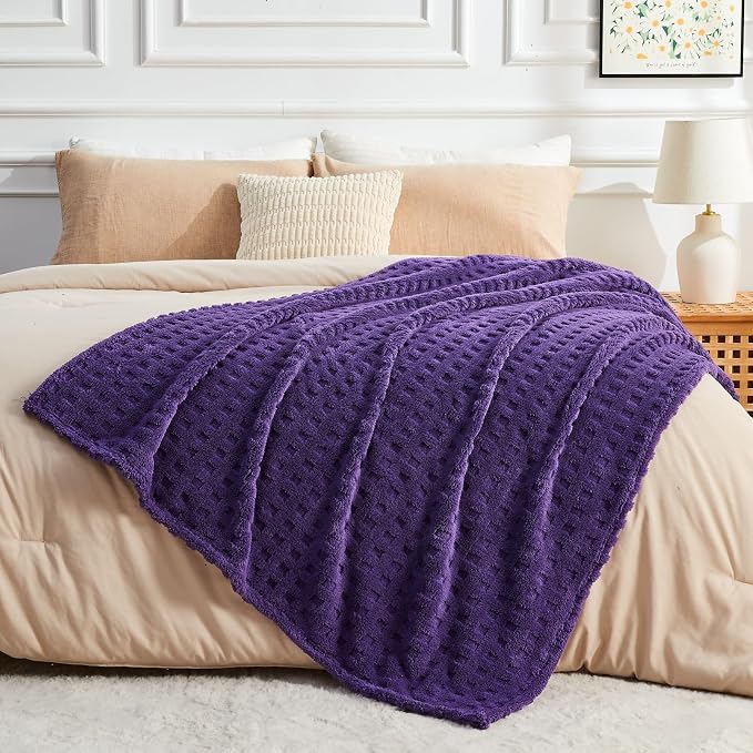 NEWCOSPLAY 3D Waffle Checkered Flannel Twin Blanket, Dark Purple, 60"x80" | Super Soft Cute Lightweight Decorative Premium Silky Fleece Blanket for Couch Sofa Bed, Gift for Women Men, All Season Use