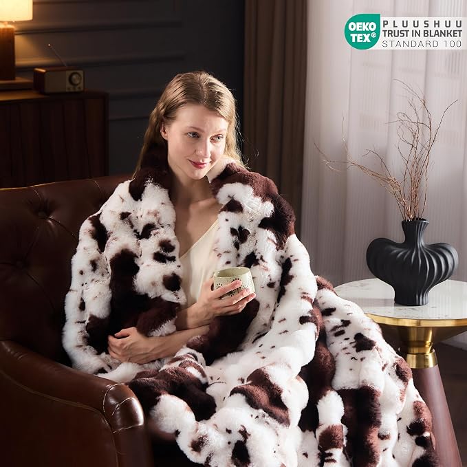 Faux Fur Throw Blanket for Couch, Fluffy Fuzzy Plush Bubble Blanket, Soft Warm Cozy Shaggy Rabbit Blanket, Luxury Decorative Gifts for Sofa Bedroom Living Room, 60x80inch (Cow Print-Brown)