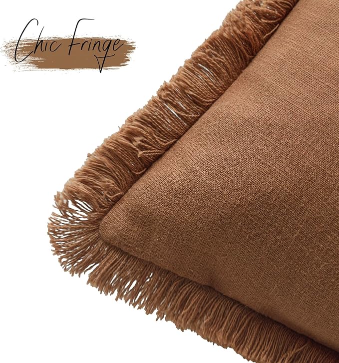Foindtower Set of 2 Decorative Linen Fringe Lumbar Throw Pillow Covers Farmhouse Cushion Cover with Tassels Soft Accent Pillowcase for Couch Sofa Bed Living Room Home Decor,12×20 Inch,Orange Brown