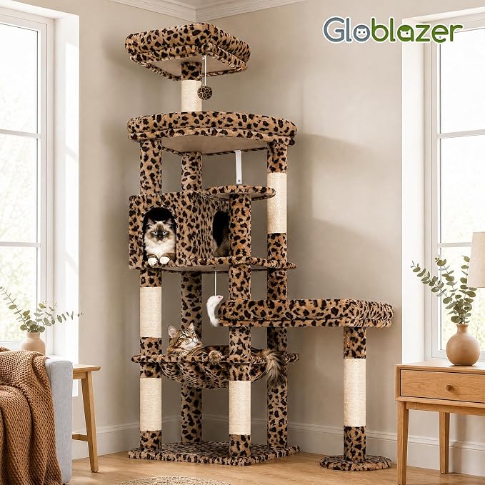 Globlazer Large Perch Leopard Cat Tree, 65in Sturdy Cat Scratching Tree for Indoor Cats Large Adult, Big Cat Tower with 3 Padded Perches, 6 Scratching Posts, Cat Condo, Hammock, S65, Leopard Print