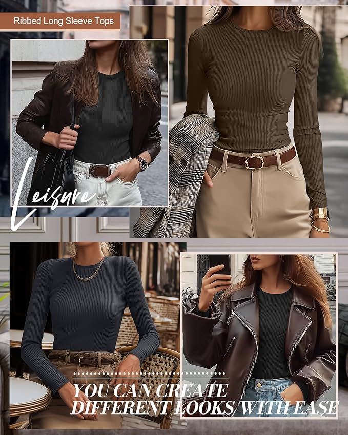 Ficerd 3 Pack Women's Ribbed Long Sleeve Tops, Crew Neck Slim Fit Undershirts Knit Basic Casual Stretch Layering Tee Shirts