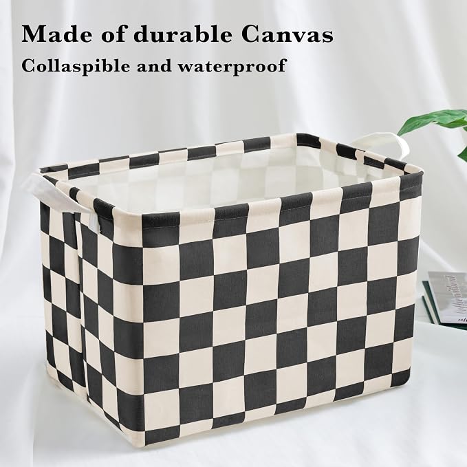 Ohocut Beige Black Checkered Canvas Basket, Rectangular Organizing Decorative Storage Basket for Kids Dog Toy, Cute Aesthetic Race Cars Boy Room Decor for Home, Kitchen, Bedroom, Classroom, Shelves