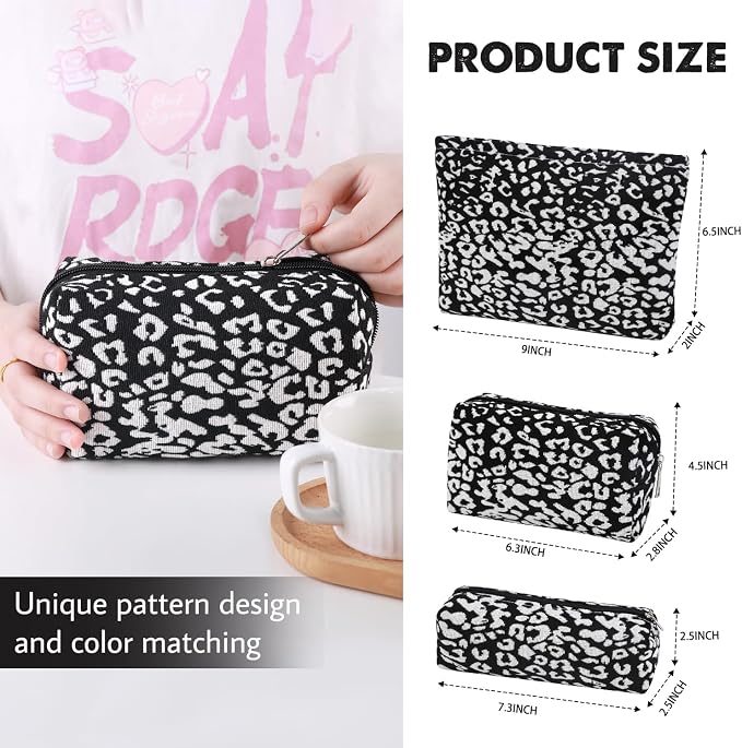3 Pcs Makeup Bag Cosmetic Bag Set for Girls Women Travel Organizer Bathroom Toiletry Pouch Large Capacity Storage Bag (Black-2)