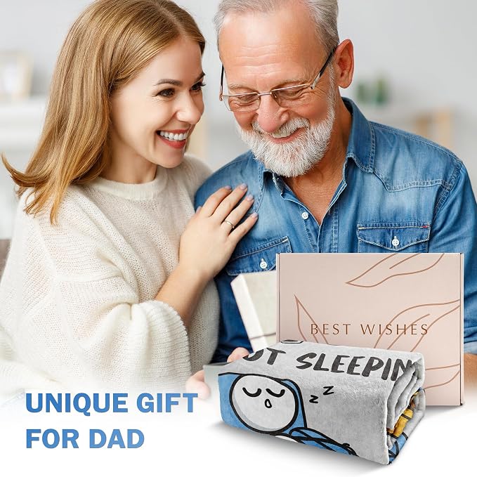 Funny Birthday Gift for Dad Husband, Dad is Not Sleeping Blanket | Dad Gifts from Daughter Son, Super Soft Throws Blanket for Couch and Napping, 60" x 50" (Gray)