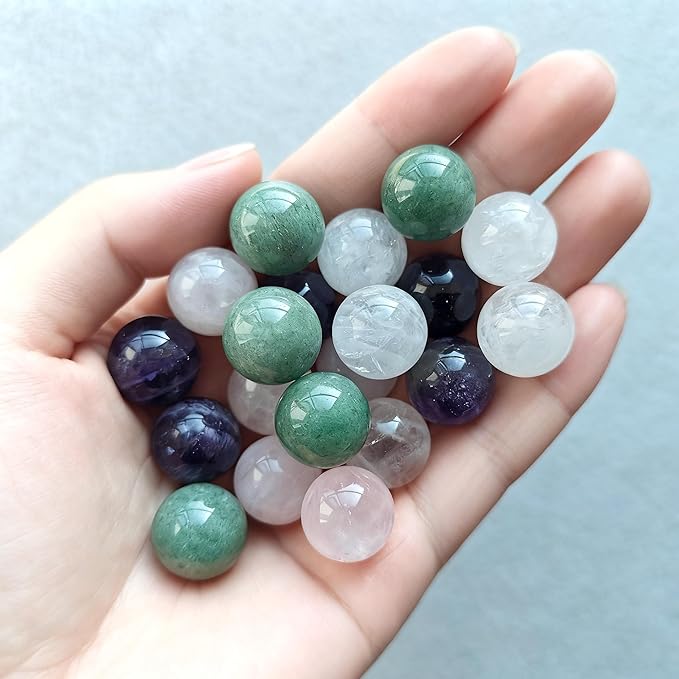 20Pcs 16mm Gemstone Spheres Natural Crystal Balls Polished Assorted Small Marbles -Rose Quartz*5,Clear Quart*5, Amethyst*5,Green Aventurine*5