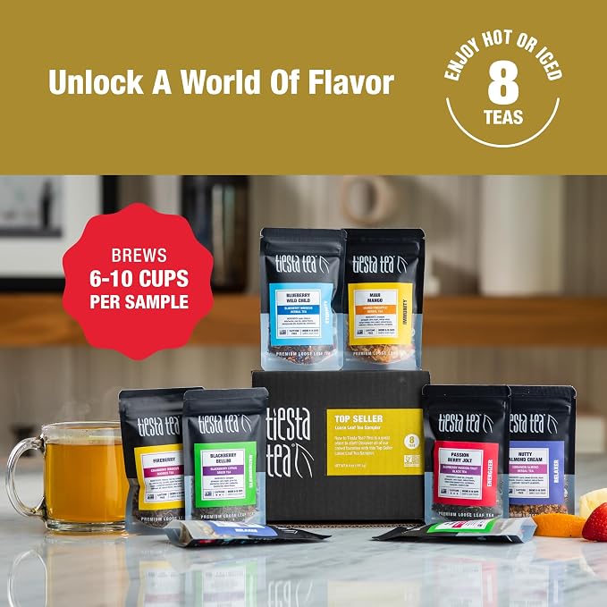 Tiesta Tea - Favorites Starter Sampler Dry Flight Set, Loose Leaf, High to No Caffeine, Makes Hot & Iced, Assorted Tea Sets with Herbal, Black, Fruit Blends & More, 8 Resealable Sample Pouches
