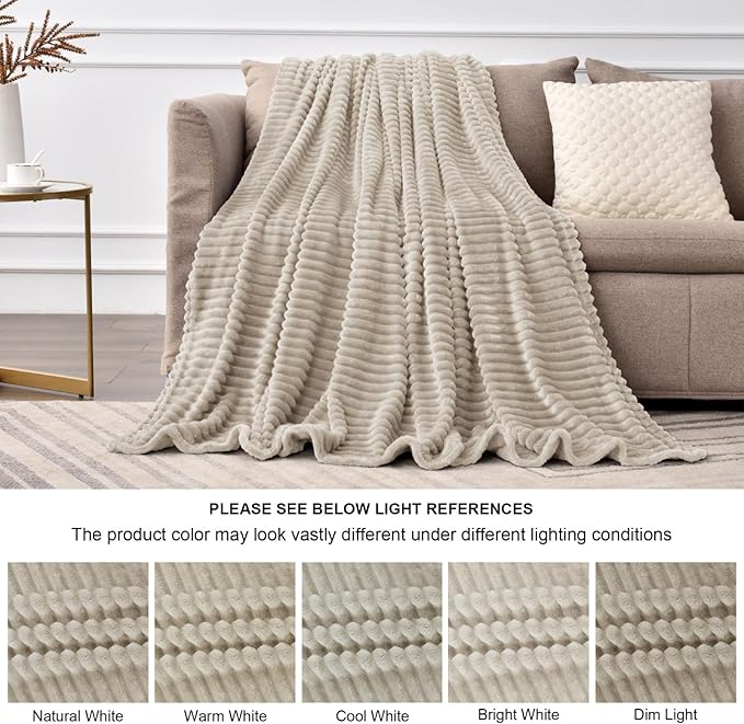 BEDELITE 3D Ribbed Linen Color Fleece Throw Blanket for Couch, 50x60 Inch | Soft Warm Decorative Fluffy Blanket, Cozy Plush Lightweight Fuzzy Throw Blanket for Bed Sofa Home Room Decor, Gift for Women