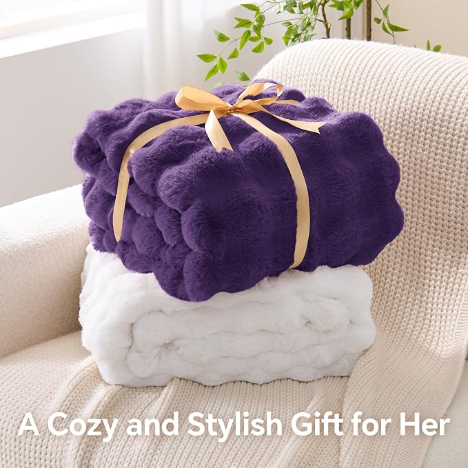 BEDELITE Faux Fur Throw Bubble Blanket for Couch, 50" x 60", Purple | 870GSM Soft Cozy Plush Blanket for Sofa & Bed Living Room Decor, Warm Fuzzy Faux Rabbit Fur for Women Gift, All Season Use