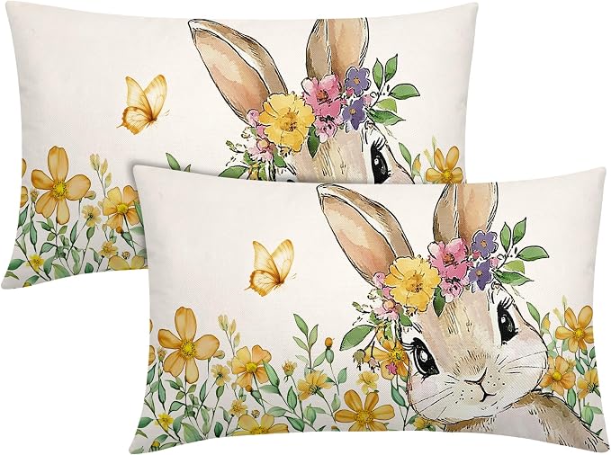 Spring Easter Bunny Lumbar Pillow Covers 12x20 Inch Set of 2 Watercolor Yellow Floral Leaf Rabbit Throw Pillow Cases Outdoor Linen Square Cushion Cover Farmhouse Decor for Bedroom Home Sofa Couch Bed